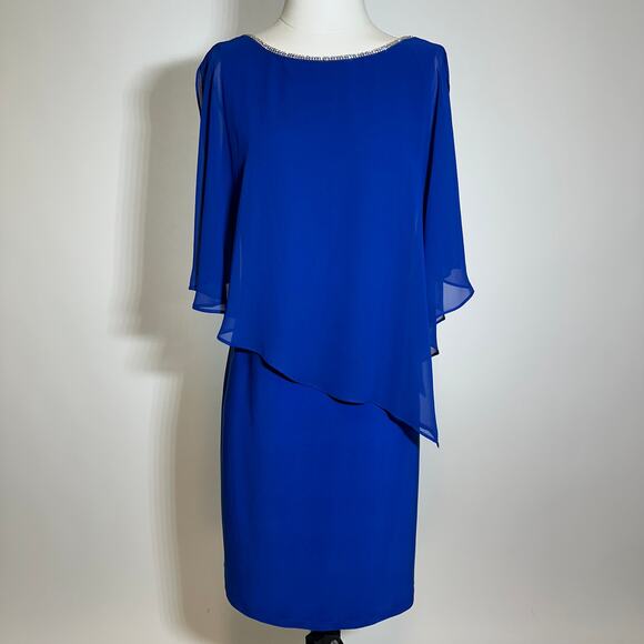 NWT MSK Blue Rhinestone Trim Popover Sheath Dress Formal Party Womens Size Small - Picture 2 of 12